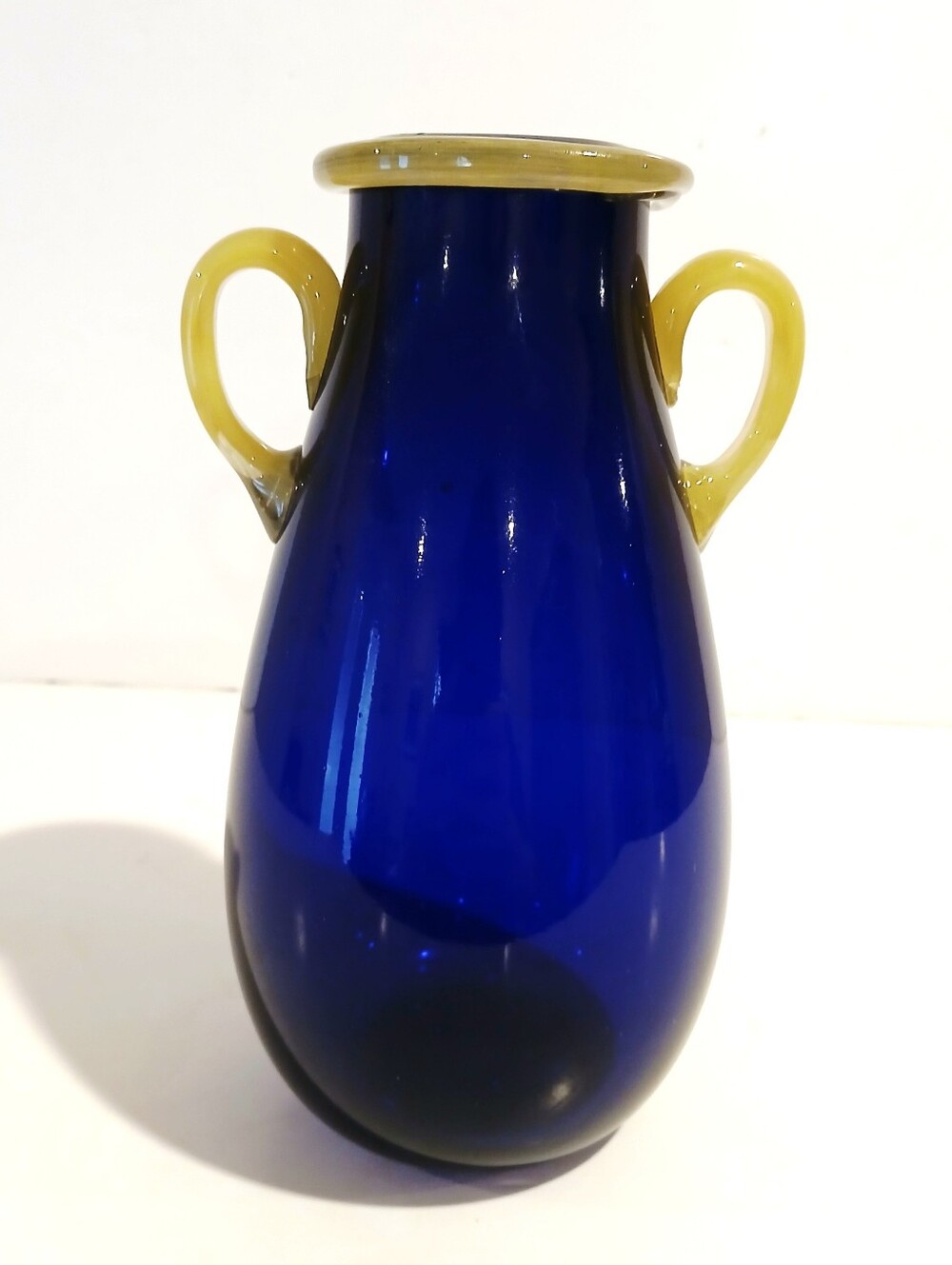 Vintage Cobalt Blue Blown Glass Vase with Yellow Handles